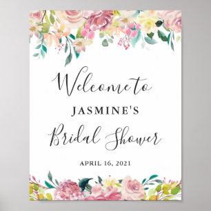 Pastell-Rosa-Blumen-Hochzeitsdusche-Willkommenssch Poster