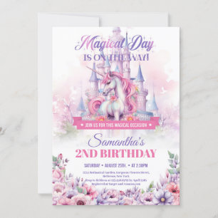 Pastell Rosa Einhorn und Feenschloss 2. Geburtstag Einladung