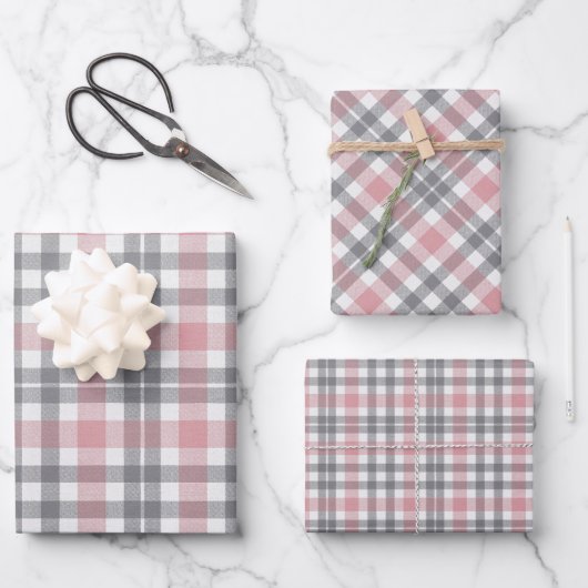 Pastell-Rosa Grau Weiß Karomuster Geschenkpapier Set (Vorderseite)