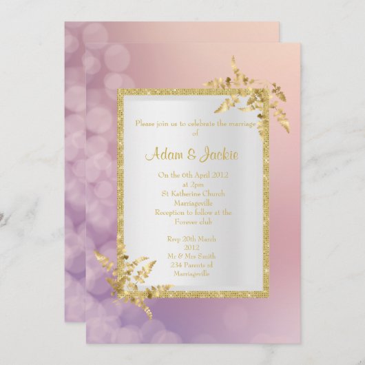 Pastell rosa lila Blattgold ELEGANT WEDING Einladung (Vorne/Hinten)