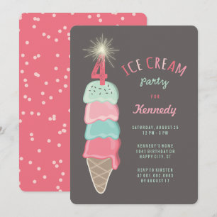 Pastell Rosa Mint Eiscreme Mädchen 4. Geburtstagsf Einladung