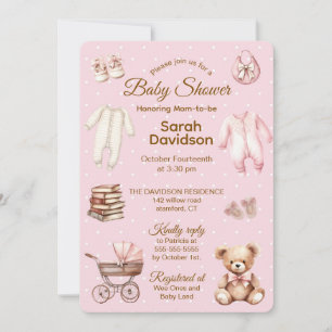Pastell Rosa Teddybär Kleidung & Geschenke - Babyp Einladung