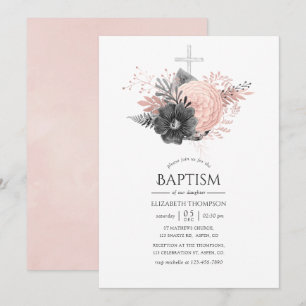 Pastell-Rosa und Holzkohle-Blumen-Taufe Einladung