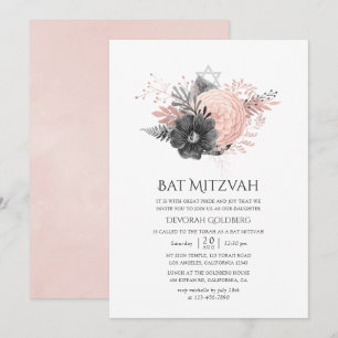 Pastell-Rosa und Kohleblumen Bat Mitzwa Einladung