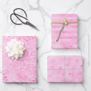 Pastell Rosa Wasserfarben Leoparden Streifen Stern Geschenkpapier Set