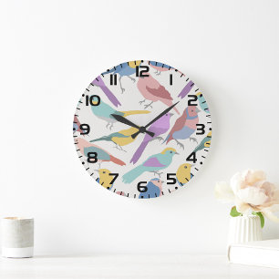 Pastell-Sangvögel-Muster Süße Wasserfarben-Vögel Große Wanduhr