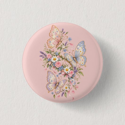 Pastell-Schmetterlings-Geburtstagsgarten  Button (Vorderseite)