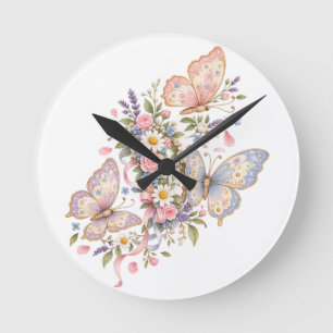Pastell-Schmetterlings-Geburtstagsgarten Runde Wanduhr