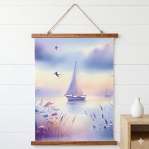 Pastell-Segelboot-Küstenlandschaftstraum Wandteppich Mit Holzrahmen