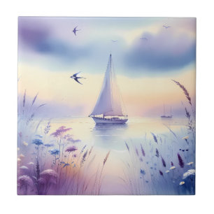 Pastell-Segelschiff-Küsten-Traumlandschaft Fliese