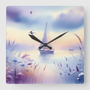 Pastell-Segelschiff-Küsten-Traumlandschaft Quadratische Wanduhr