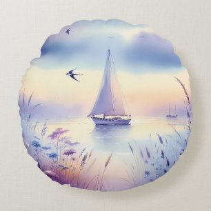Pastell-Segelschiff-Küsten-Traumlandschaft Rundes Kissen