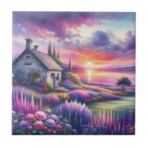 Pastell Sonnenuntergang Cottage Seegarten Traumlan Fliese