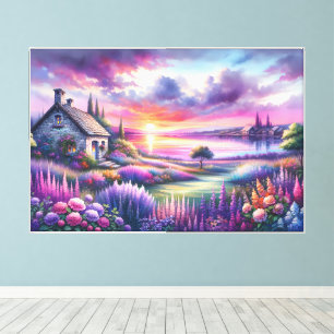 Pastell Sonnenuntergang Cottage Seegarten Traumlan Leinwanddruck