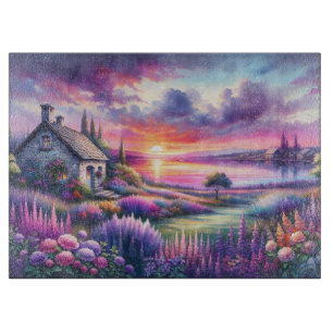 Pastell Sonnenuntergang Cottage Seegarten Traumlan Schneidebrett
