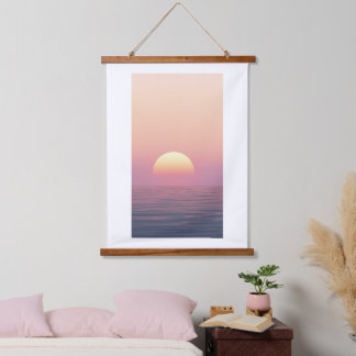 Pastell-Sonnenuntergang über dem ruhigen Ozean Wandteppich Mit Holzrahmen