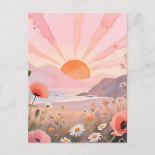 Pastell-Sonnenuntergang-Wiesenblumenfeld Postkarte