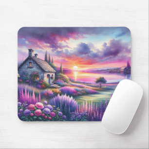 Pastell Sonnenuntergangs Cottage Seeblick Garten T Mousepad
