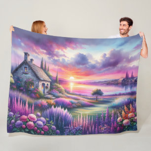 Pastell-Sonnenuntergangs-Häuschen Seeblick-Garten- Fleecedecke