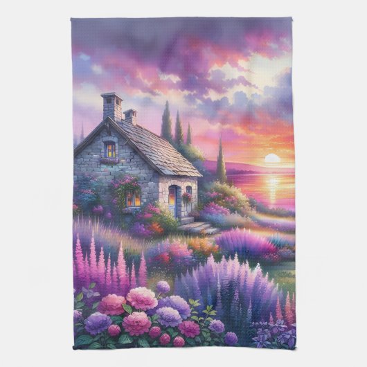 Pastell-Sonnenuntergangs-Häuschen Seeblick-Garten Geschirrtuch (Vertikal)
