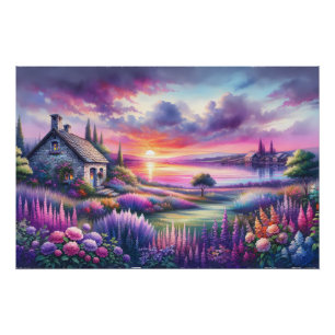 Pastell-Sonnenuntergangs-Häuschen Seeblick-Garten  Poster