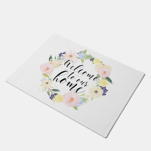 Pastell Spring Blumenkranz Willkommen auf unserer  Fußmatte (Schrägansicht)