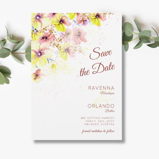 Pastell-Stiefmütterchen-Pfirsich-Gelb-Blumen-Roman Save The Date