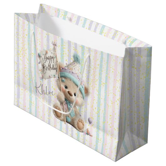 Pastell-Teddybär Geburtstag Große Geschenktüte (Vorderseite Schrägansicht)