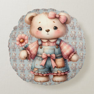 Pastell-Teddybär hält eine Blume und trägt Overall Rundes Kissen