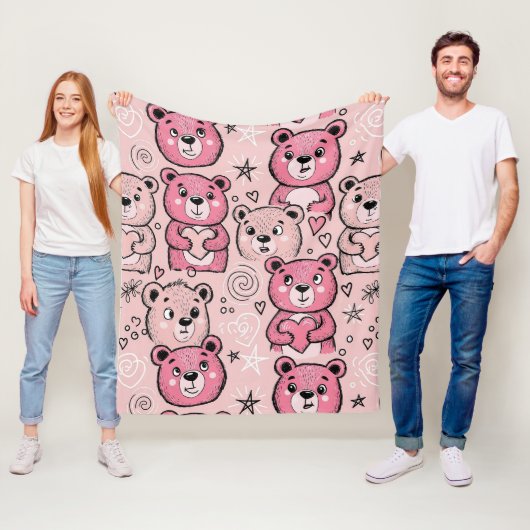 Pastell-Teddybär-Herz-Muster Fleecedecke (Beispiel)