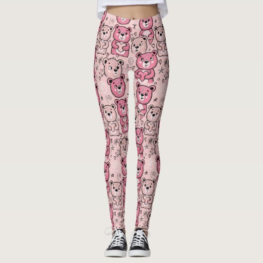 Pastell-Teddybär-Herz-Muster Leggings (Vorderseite)
