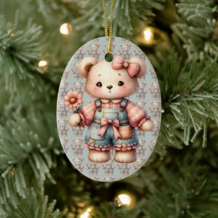 Pastell-Teddybär mit Blume und Latzhose Keramik Ornament