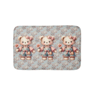Pastell-Teddybär mit Blume und Overall Badematte