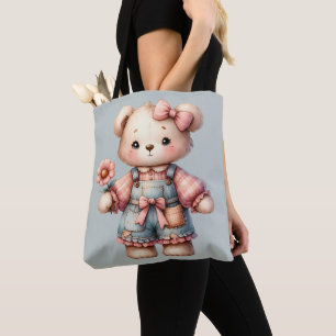 Pastell-Teddybär mit Blume und Overall Tasche