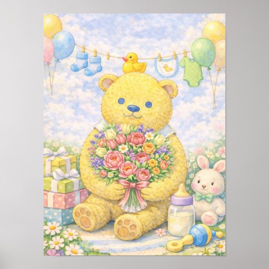 Pastell-Teddybär mit Blumen Poster (Vorne)