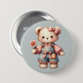 Pastell-Teddybär mit Blumen und Overall Button (Vorne & Hinten)