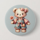 Pastell-Teddybär mit Blumen und Overall Button (Vorderseite)