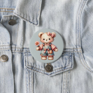 Pastell-Teddybär mit Blumen und Overall Button