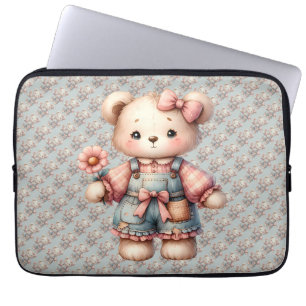 Pastell-Teddybär mit Blumen und Overall Laptopschutzhülle