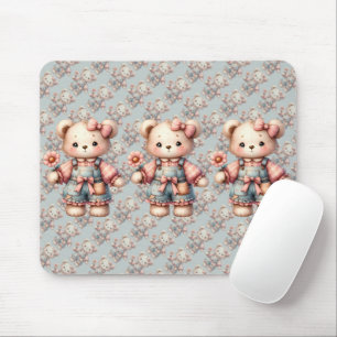 Pastell-Teddybär mit Blumen und Overall Mousepad
