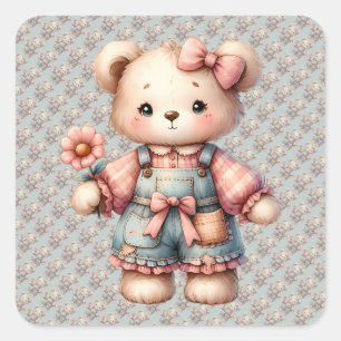 Pastell-Teddybär mit Blumen und Overall Quadratischer Aufkleber