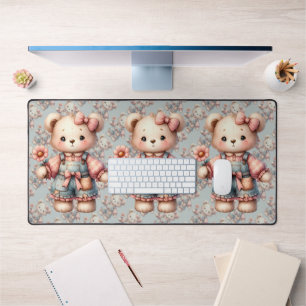 Pastell-Teddybär mit Blumen und Overall Schreibtischunterlage