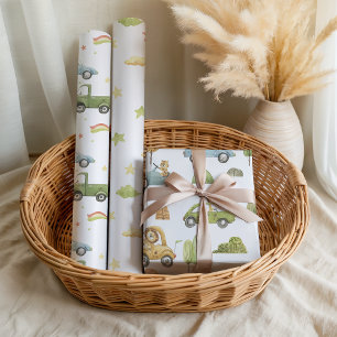 Pastell-Tiere in Autos Baby Junge Neutral Geschenkpapier Set