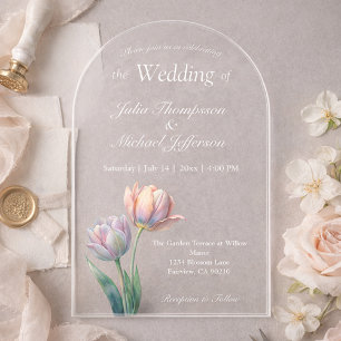 Pastell-Tulpen-Hochzeitssuite Elegante Typografie Acryleinladungen