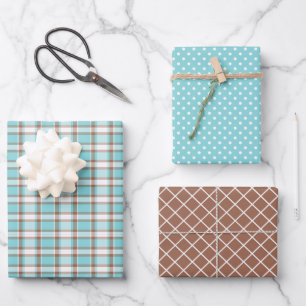 Pastell Türkis Blau Kaffee Braun Streifen Punkte Geschenkpapier Set