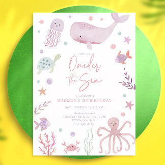 Pastell Unter dem Meer Rosa 1. Geburtstag Einladung