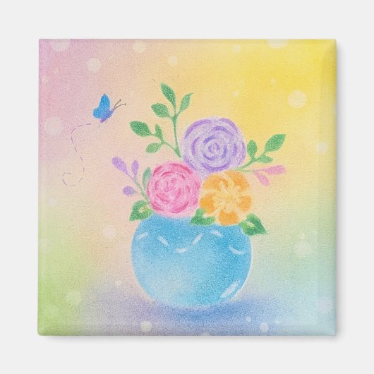 Pastell-Vase-Blumen-Schmetterling-Kunst Magnet (Vorne)