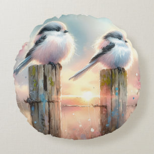 Pastell-Vögel in Aquarell auf einem Zaunpfosten be Rundes Kissen