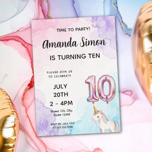 Pastell-Wasserfarbe-Einhorn-Mädchen-10. Geburtstag Einladung
