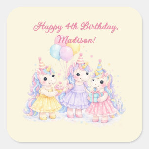 Pastell-Wasserfarbe-Einhorn-Mädchen-Geburtstag Quadratischer Aufkleber